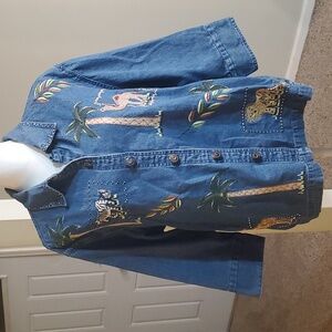 Life Style Women Vintage Animal Safari Embroidered Denim Shirt Jacket 2X